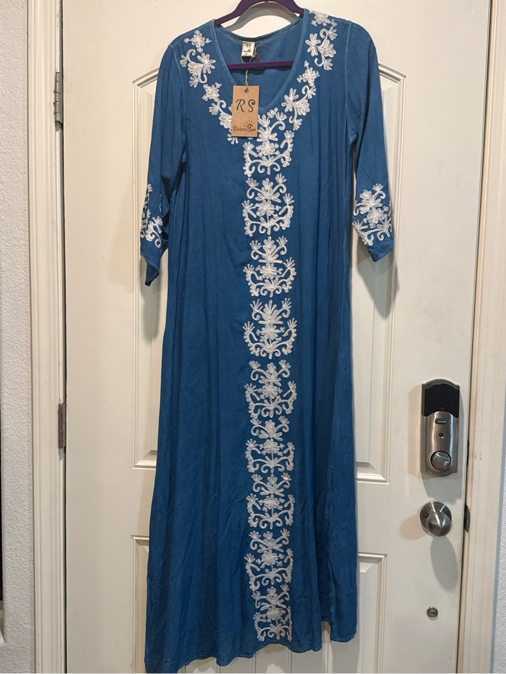 RS Blue Embroidered Maxi Dress with White Floral Detail